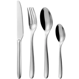 4-piece stainless steel cutlery set with knife, fork, and spoons on white background