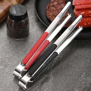 High-quality stainless steel BBQ food tongs with non-slip red and black handles