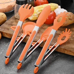 Professional orange silicone and stainless steel food tongs set for kitchen and buffet use