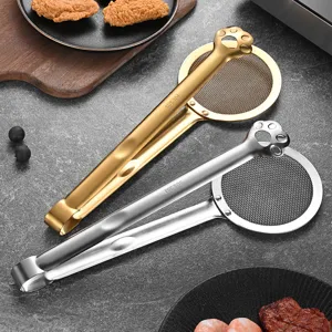Premium cat paw 304 stainless steel 2-in-1 frying tongs with oil filtering mesh