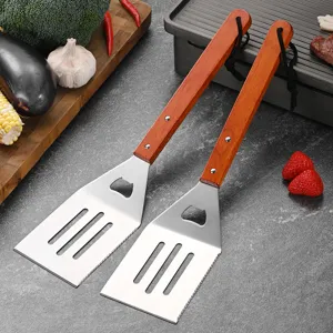 Set of two stainless steel BBQ spatulas with wooden handles and integrated bottle openers