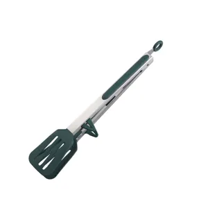 Stainless steel kitchen food tongs with green silicone head and standing support