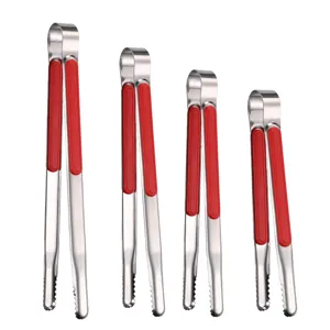 Set of four stainless steel food tongs with red non-slip handles in varying sizes.
