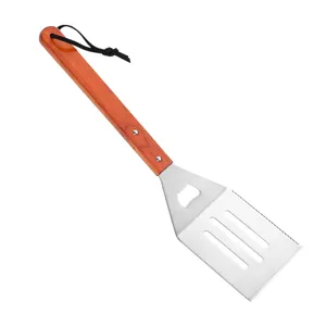 Versatile stainless steel BBQ spatula featuring wood handle and integrated bottle opener