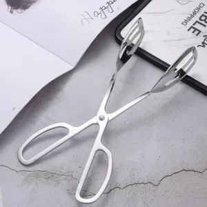 304 stainless steel food tongs with scissor handle and hollow design for serving.