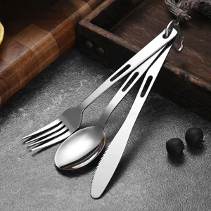 Mirror Polished Stainless Steel Portable Outdoor Camping Cutlery Set Hollow Design Knife Fork Spoon With Carabiner Storage Bag For Travel Picnic Office
