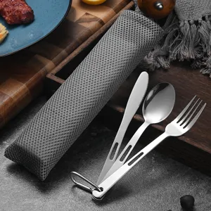 Portable stainless steel camping cutlery set with knife fork spoon and mesh pouch
