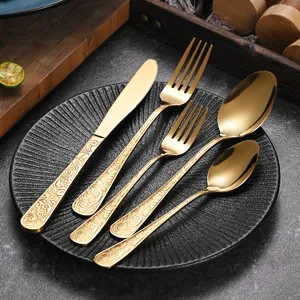 Vintage Embossed Stainless Steel Cutlery Tableware Mirror Polished Retro Dinnerware For Elegant Dining Banquet Party Luxury