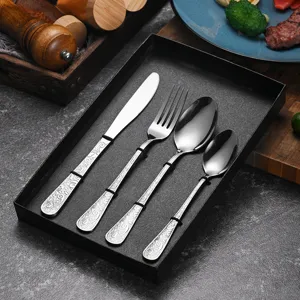 High-quality embossed stainless steel cutlery set in a black gift box, 4-piece display.