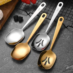 Set of 4 large stainless steel serving spoons and slotted spoons in gold and silver colors
