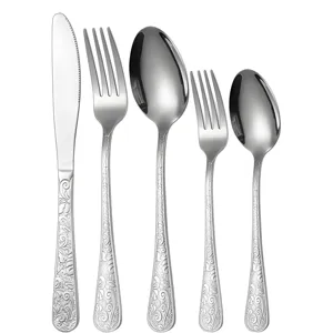 Elegant 5-piece embossed silver stainless steel cutlery set for formal table dining