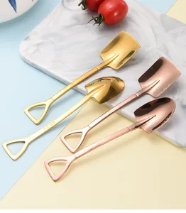 Set aus vier kreativen schaufelförmigen 304 Edelstahl-Nachtischlöffeln in Gold und Roségold