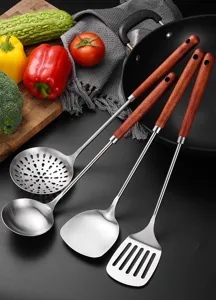Detail view showing a 4-piece stainless steel kitchen utensil set with wood handles