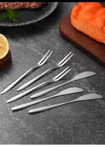 Macro view of premium 304 stainless steel dessert knives and 2-prong fruit forks