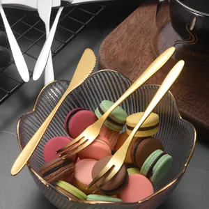 Premium gold stainless steel fruit fork and cake knife set for desserts and snacks