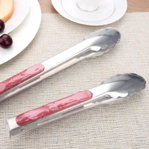 Stainless steel food tongs with red non-slip handles for BBQ and buffet buffet serving