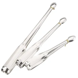 Set of three stainless steel food tongs in various lengths on white background