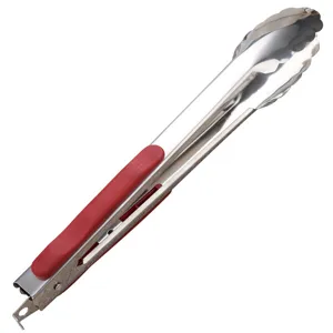 Professional stainless steel food tongs with red non-slip handle for BBQ and buffet
