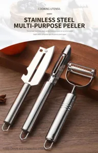 Comprehensive set of three professional stainless steel vegetable peelers on a wooden board