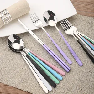 304 Stainless Steel Korean Cutlery Set Long Handle Mirror Polished Spoon Fork Chopsticks Painted Handle Tableware Utensils