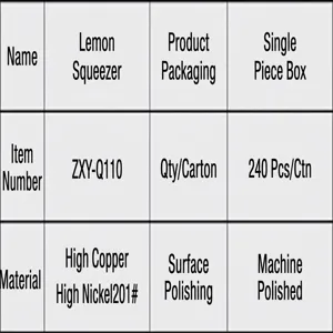 Manual stainless steel lemon squeezer product specification and material details table
