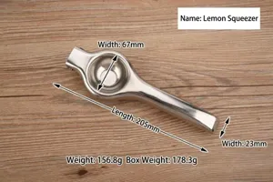 Detailed top view of a stainless steel manual lemon squeezer with measurement labels