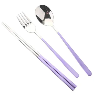 Elegant 3-piece purple stainless steel cutlery set featuring spoon, fork, and chopsticks