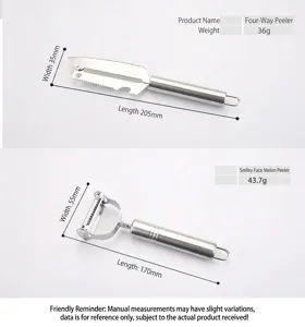 Size and weight specifications for two types of stainless steel fruit and vegetable peelers