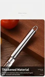 Close-up detail of a durable stainless steel fruit and vegetable peeler for kitchen use
