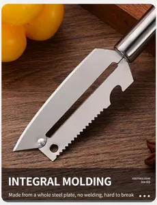 Professional macro view of a stainless steel kitchen peeler with serrated blade