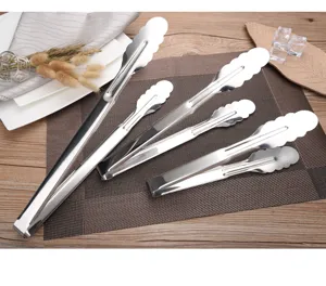 Detailed view showing five sizes of professional stainless steel scalloped food tongs.