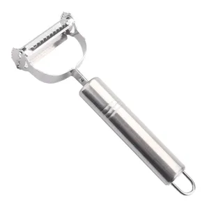 Dual-purpose stainless steel vegetable peeler and julienne grater for kitchen use