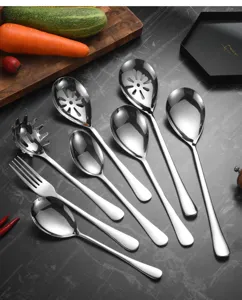 Professional long-handled stainless steel serving utensils set for catering usage