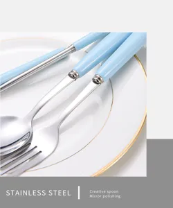 Detailed macro shot of light blue ceramic handle and mirror polished stainless steel spoon.