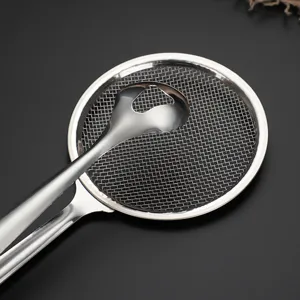 Professional stainless steel oil strainer clip with fine mesh for frying food and snacks.