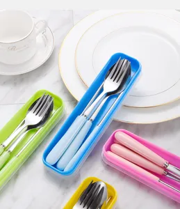 Detail view of portable stainless steel cutlery sets with ceramic handles in colorful cases.