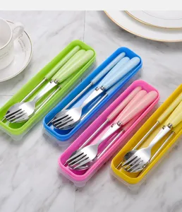 Close-up of portable cutlery sets in four candy colors with ceramic handles and matching cases