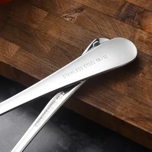 Premium quality 18/10 stainless steel long handle serving spoon and fork detail