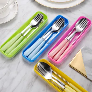 Portable 3-piece stainless steel cutlery set with colorful storage cases for school