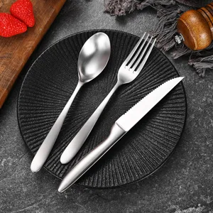 Professional 420 stainless steel matte cutlery set on black plate with steak knife, fork, and spoon