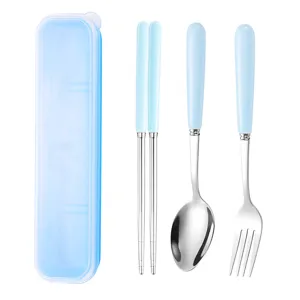 Portable stainless steel 3-piece cutlery set with blue ceramic handles and storage box