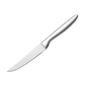 Sharp stainless steel serrated steak knife with brushed finish for Western dining.