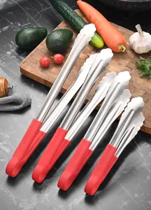 Set mit 4 Edelstahl-Küchenzangen mit roten hitzebeständigen Griffen für Grillen.