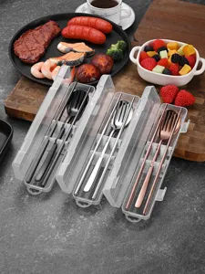 Portable 3-piece stainless steel cutlery set with case in black, silver, and rose gold