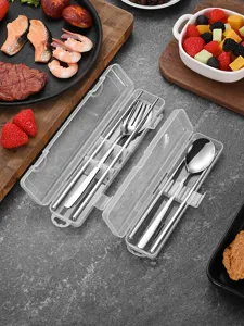 Close-up of portable stainless steel cutlery set in a clear travel case