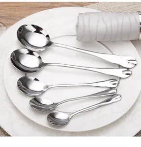 Detailed view of five polished stainless steel spoons in various sizes on a white ceramic plate
