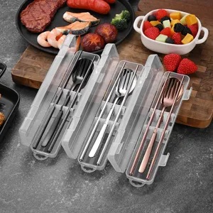 Portable 3-piece stainless steel cutlery set with storage case for travel and camping