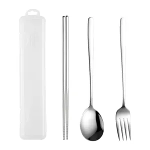Portable stainless steel cutlery set with spoon fork chopsticks and white case