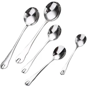 Premium set of 5 polished stainless steel spoons featuring decorative water drop handle ends