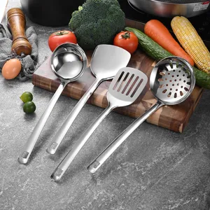 Juego profesional de 4 utensilios de cocina de acero inoxidable con cazo y pala